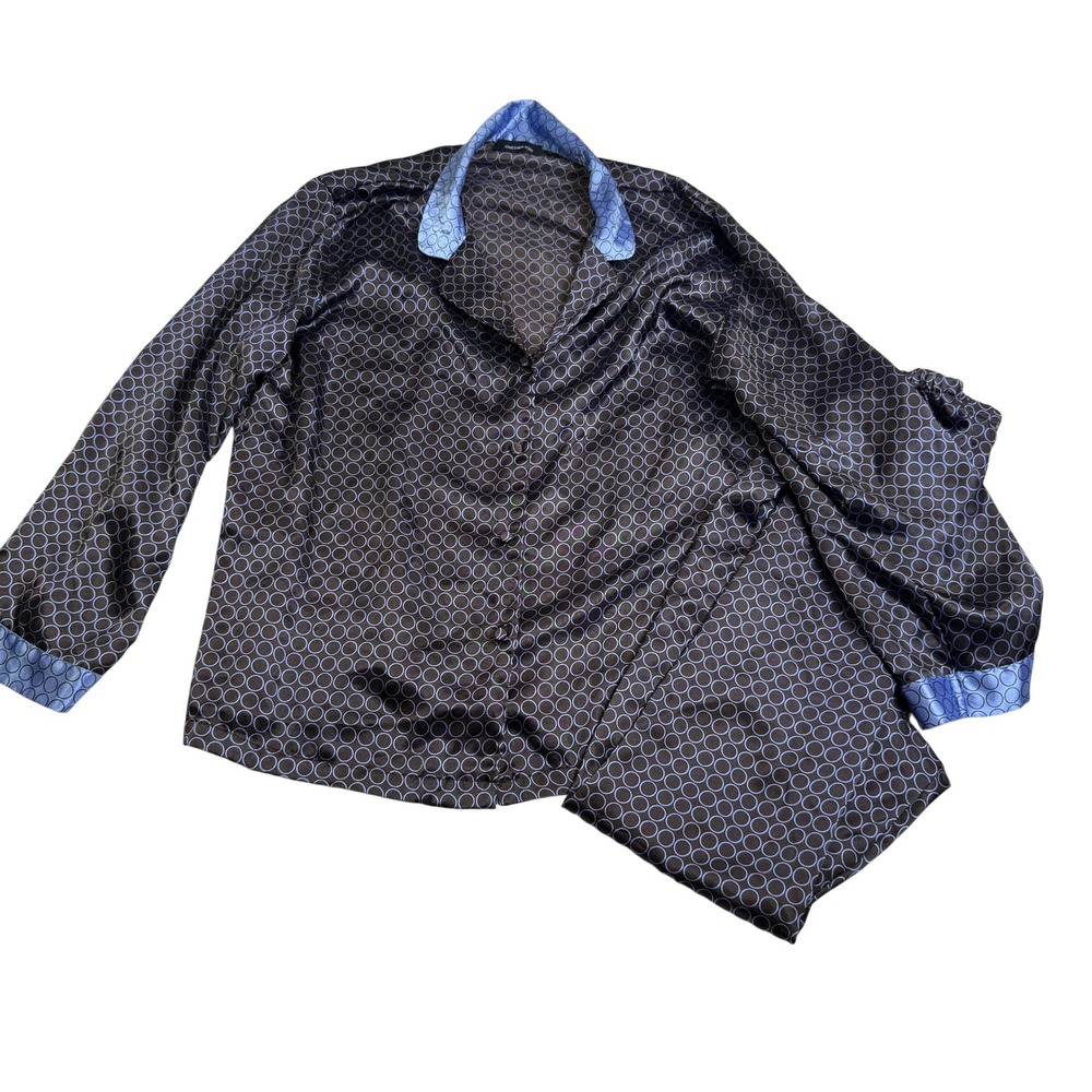 Jones New York Pajama Set Women Large Brown Blue Circle Print Excellent Satin